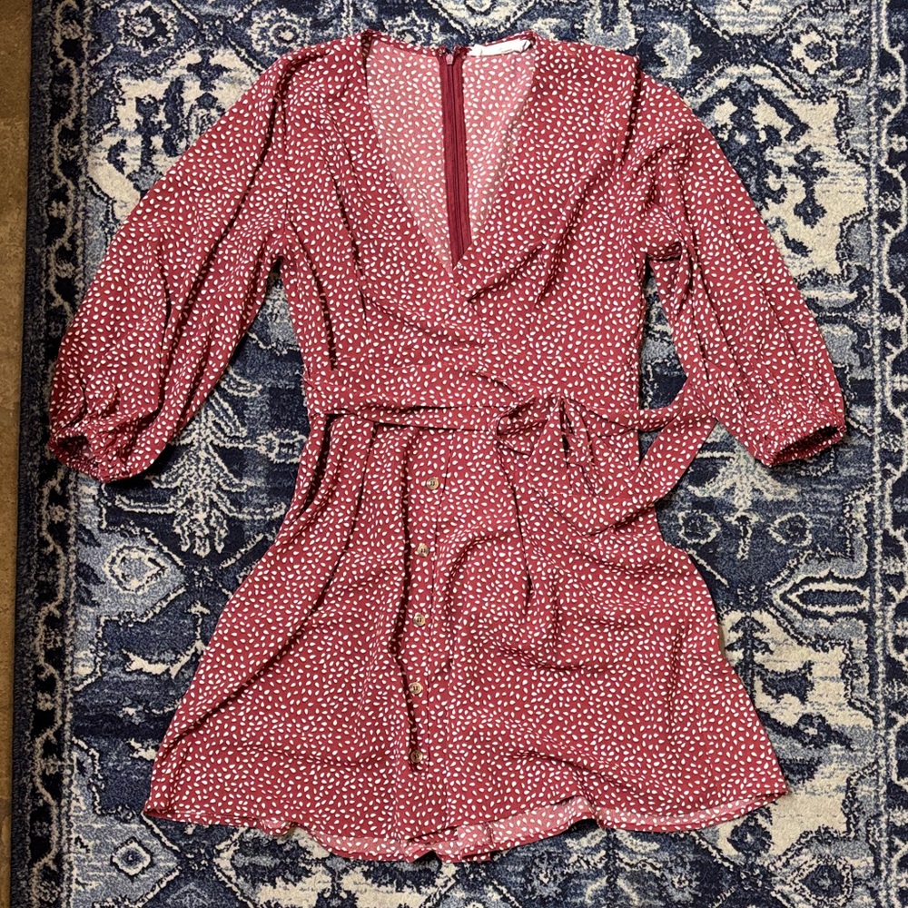 All in Favor Burgundy Polka Dot Long Sleeve Dress - M